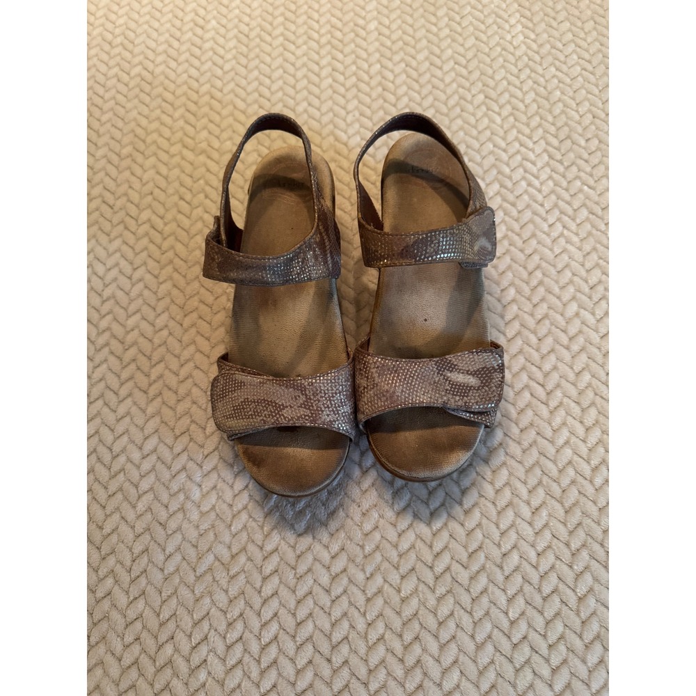 Dansko Metallic Snake Print Leather Wedge Sandals Brown Gold Size 40